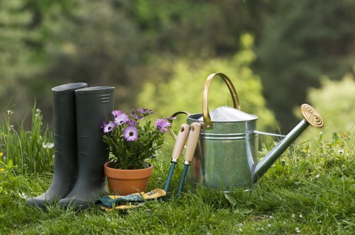 The image depicts a neatly maintained backyard garden area with a lush green lawn in the foreground. On the grass, there are a pair of black rubber gardening boots standing upright, beside a terracotta pot filled with blooming purple and white flowers, adding a splash of colour. Next to the plants, a small stack of garden tools such as a trowel and pruning shears are arranged, suggesting ongoing gardening activities. To the right, a silver metal watering can with a curved handle and a long spout is placed on the grass. In the background, blurred trees and shrubs create a natural outdoor environment indicative of a suburban garden setting, possibly in Ruislip or nearby. The scene appears to be set on a bright day with sunlight illuminating the greenery, emphasizing the freshness and vibrancy of the outdoor space. This detailed imagery aligns with professional gardening and landscaping services offered by Landscapers Ruislip, illustrating typical garden maintenance elements to support local SEO relevance on the Ruislip Deck Repair Solutions page.